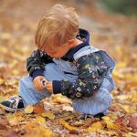 child looking at leaves