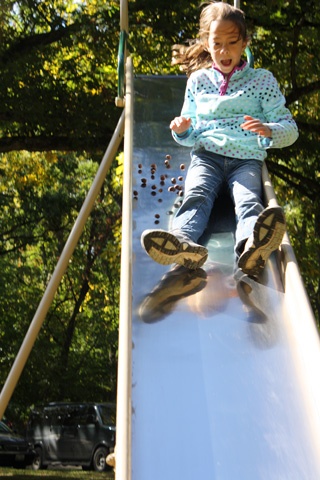 child on slide with nuts
